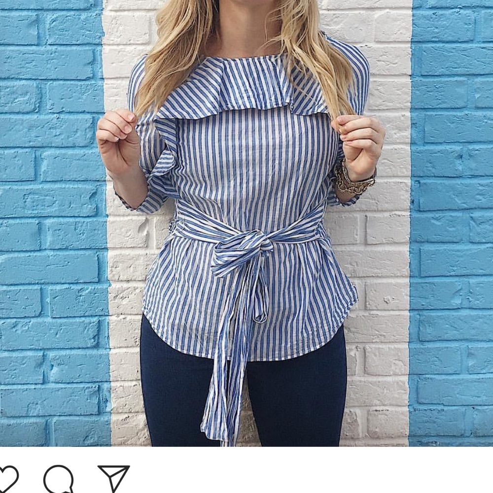 Blue and white front tie blouse